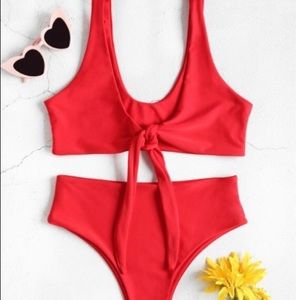 NEW Cherry Red High-Waist/Front-Tie Bikini Set